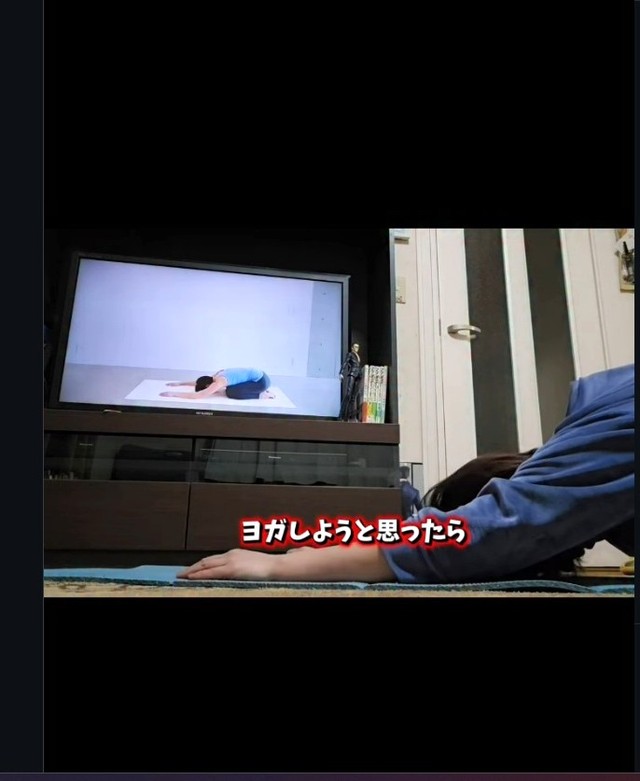 ヨガをしようと思ったら…（「ちゃちゃママ／4匹猫ファミリー」さん提供、Instagramよりキャプチャ撮影）