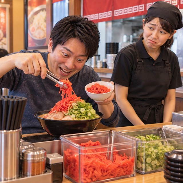 ラーメンの無料トッピングを使い切るのは罪になる？※この画像はAdobe Fireflyで作成したイメージです
