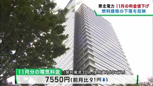 １１月分の電気料金　１０月分よりも９１円値下がり　東北電力