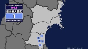 【地震】宮城県内で震度1 茨城県沖を震源とする最大震度3の地震が発生 津波の心配なし