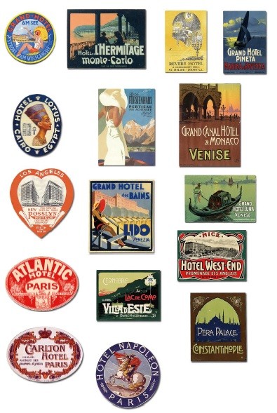 三枝浩さんのコレクションの一部。古き良き時代の映画のポスターのようなホテルラベルもあります（三枝浩さん提供）