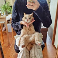 大好きな飼い主さんとツーショット!  お膝にちょこんと座るボアくん（画像提供：sachiさん）