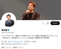 フリーアナウンサーの清水健さん（本人の公式Xから）