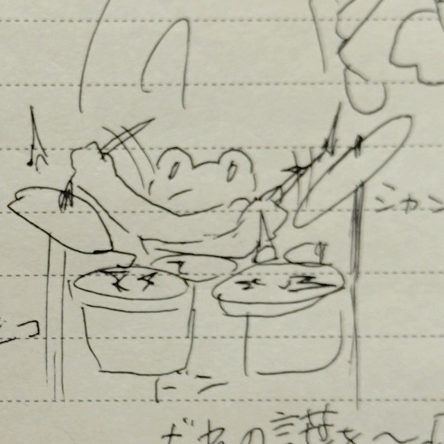 器用にドラムを奏でるカエル（提供：江戸屋薬局@会津若松さん）