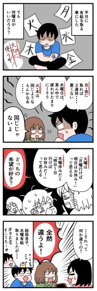 【漫画】『平日は何曜日に休むのがベスト？』（いちこさん提供）