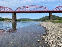 江戸アケミの実家跡近くにある高知県・四万十川橋（赤鉄橋）の風景（2025年、吉岡誠撮影）