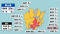 岡山県の新型コロナ感染状況　8月20日（「赤」は10人以上、「黄」は1～9人の感染者が確認された市や町）