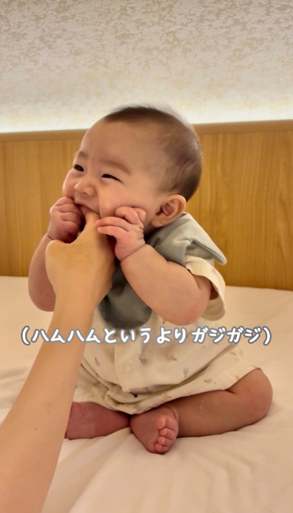 ニコニコでママの手をガジガジ…（提供：＠mi_nosuke10さん）
