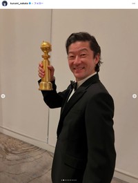 第82回ゴールデン・グローブ賞で助演男優賞を受賞した浅野忠信さん（中田クルミさんのインスタグラムから）