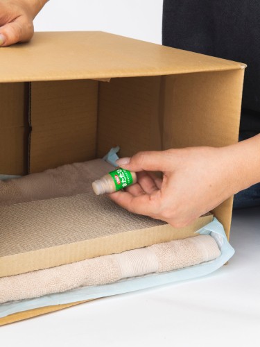 段ボールキャリーはペットシーツ、タオルの順に敷き、猫の好きな爪研ぎをセット。上にマタタビを振りかけてもいい。（扶桑社提供）