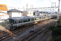 展望デッキから見える列車