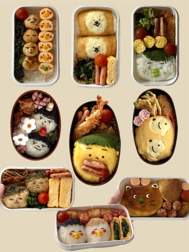 ご飯やおかずに顔を描いた夫のお弁当／咲（@Sakichan1230）さん提供