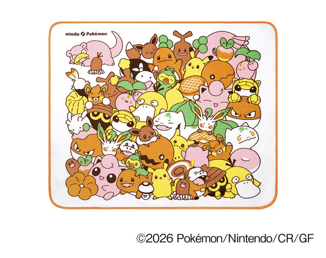 プリンやヒトカゲ、イーブイなど、ポケモンたちがぎゅっと集まったデザインのブランケット