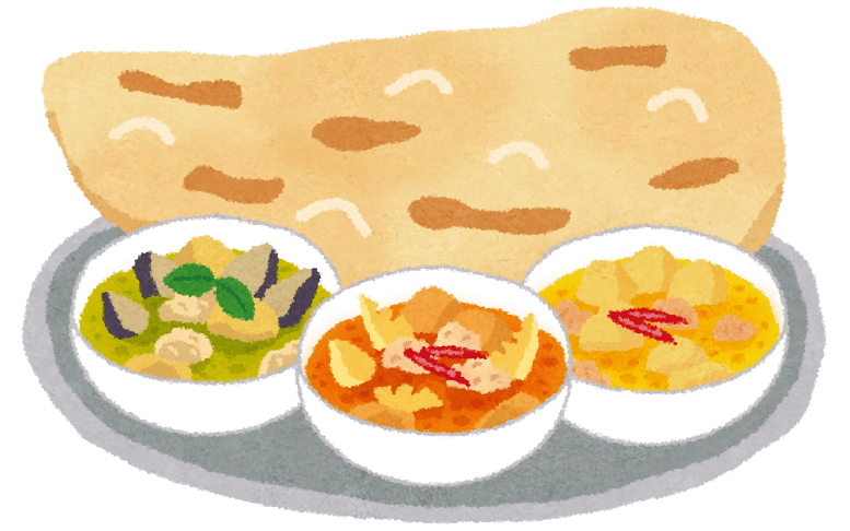 今やスーパーはもちろん、家庭用手作りキットなども売っているナン。焼き立てを両手でちぎって食べるものだと思っていましたが…（いらすとや）