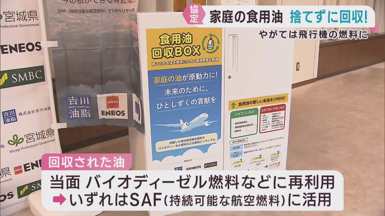 家庭で出た食用油の再資源化へ　宮城県と事業者が協定　いずれは航空燃料に活用へ