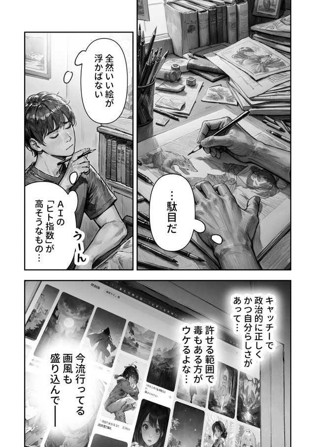 【漫画】『ＡＩが法規制された世界で、絵を描く話』10　(C)野火城