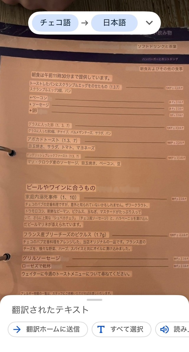 チェコ語のメニューに翻訳アプリを使用した結果、表示されたのは「家庭内溺死事件」！？／大久保光さん（@hikari_No78）提供