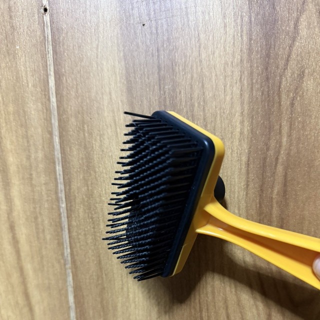 今回使ったのは、100均の“黒いボタンを押すとブラシに溜まった毛を押し出せる便利ブラシ（「まそっぷ」さん提供）
