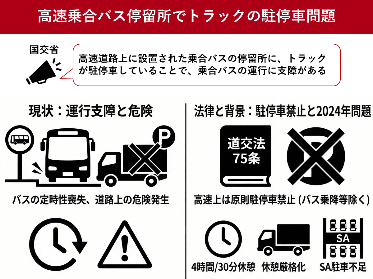 「高速乗合バス停留所にトラックを駐停車しないで」　国交省が通達