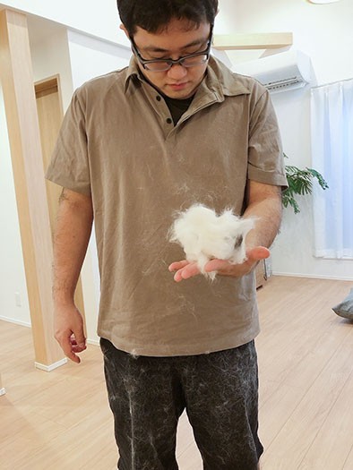 換毛期のタラコは抜け毛も激しい。それすら慈しむようなまなざしで見つめるバブ夫