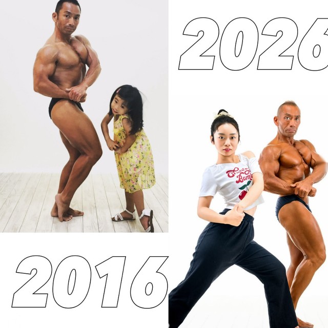 10年前と同じサイドチェスト。変わったのは、父の筋肉と、娘のポーズの堂々っぷり（画像提供：赤澤範昭さん）