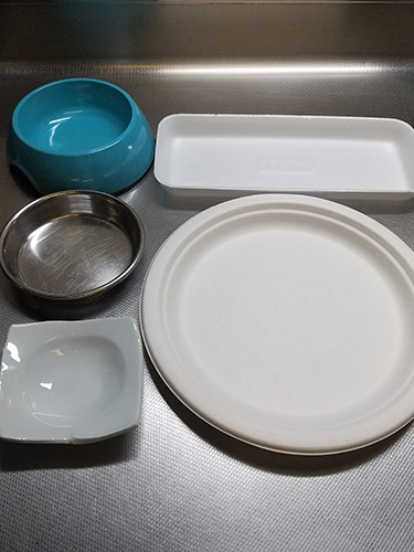 食べない子には、お皿の素材や、置く高さも変えてみる。スーパーのお魚トレーや紙皿も試す（高橋さん提供）