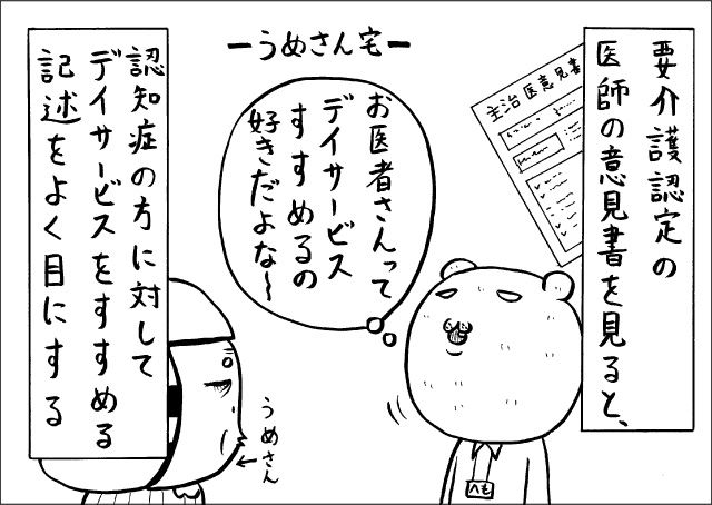 要介護認定の医師の意見書を見ると、認知症の方に対して、デイサービスをすすめる記述をよく目にする『お医者さんって、デイサービスすすめるの好きだよなー』