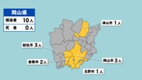 岡山県の新型コロナ感染状況　10月13日（「黄」は1～9人の感染者が確認された市）
