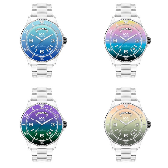 「アイス クリアサンセット」ミディアムサイズは4色展開。上段左からターコイズ、デジタリズム。下段左からパープルグリーン、ヨガ（ビヨンクール提供）