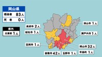 岡山県の新型コロナ感染状況　9月10日（「赤」は10人以上、「黄」は1～9人の感染者が確認された市や町）