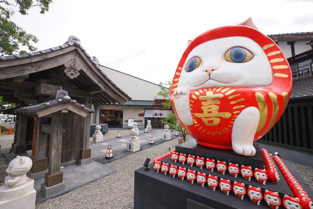 寺院風の山門と高さ２メートルもある巨大な招き猫だるまが目印