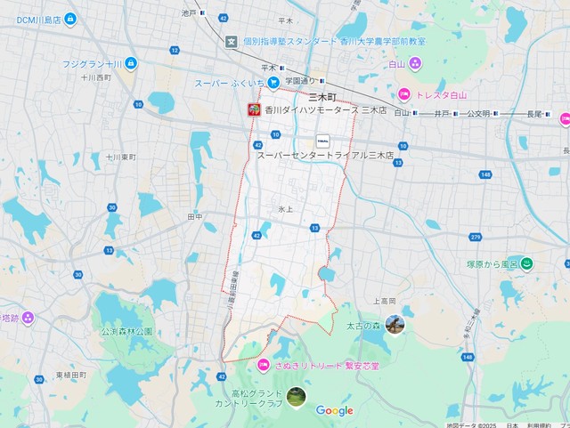 香川県三木町氷上。このエリアのどこかにおなら塚が…SNS上で捜索が進むがまだ特定には至っていない（Googleマップから引用）