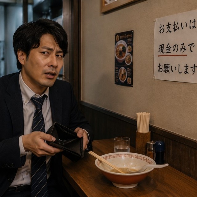 アプリ決済に慣れてしまい現金がない！　※この画像はAdobe Fireflyで作成したイメージです