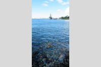 米戦艦アリゾナから流れ出る油。遠くに見えるのは米戦艦ミズーリ=2025年10月、ハワイ