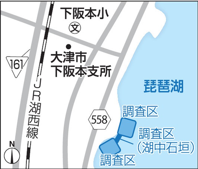 坂本城の湖中遺構・地図
