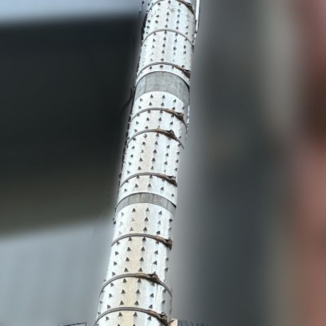 トゲトゲの金属板を巻き付けた電柱も。登らせないための装置としてさまざまな製品があります（松永さん提供画像）
