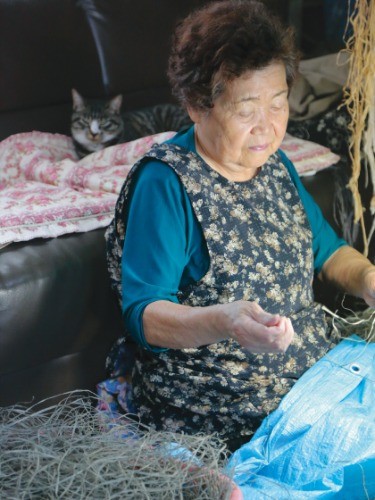 制作中一番大変という内皮を裂いて細い糸にする作業を、そっと見守るハナ