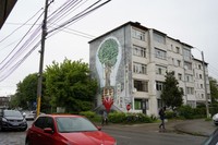 集合住宅の側面に描かれた「空気をきれいにする壁画」=2024年4月25日、ルーマニア北部バカウ、荒ちひろ撮影