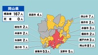 岡山県の新型コロナ感染状況　8月23日（「赤」は10人以上、「黄」は1～9人の感染者が確認された市や町）
