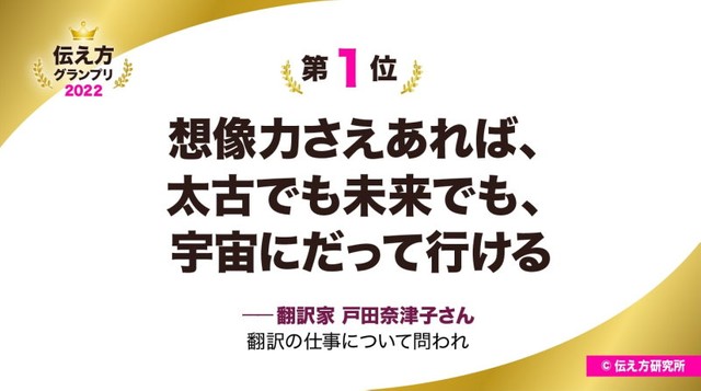 【伝え方グランプリ 2022】第1位「想像力さえあれば、太古でも未来でも、宇宙にだって行ける」翻訳家 戸田奈津子さん（提供画像）