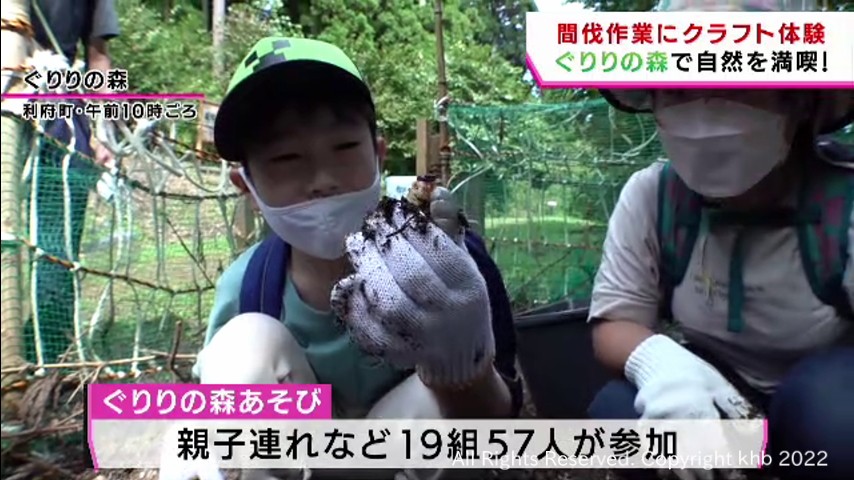 「ぐりりの森」づくり　ｋｈｂ整備の県有林　　親子で間伐体験など