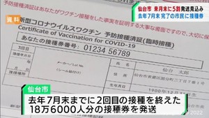 仙台市が３回目接種券を発送　２０２１年７月まで２回目接種終了市民が対象