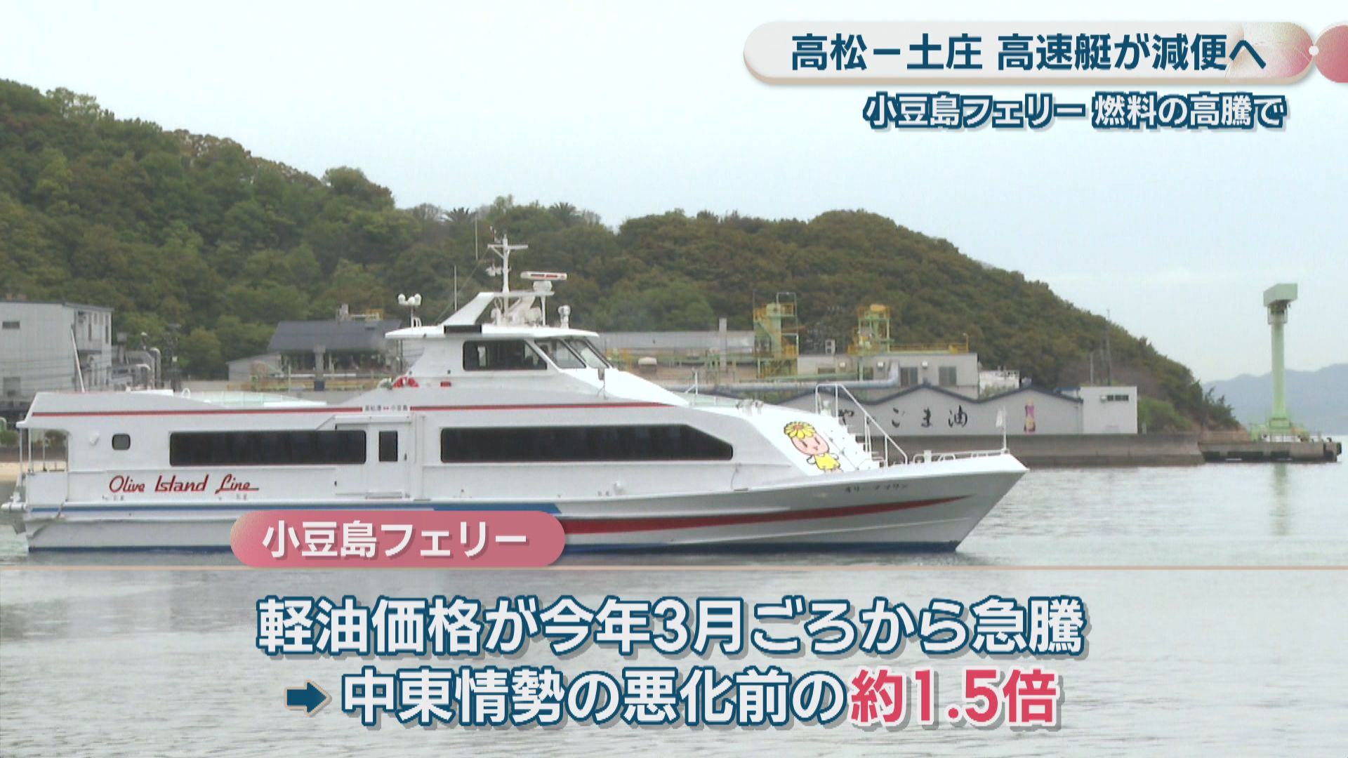 小豆島フェリーの高速艇 1日15往復→8往復に一時的減便へ 中東情勢悪化