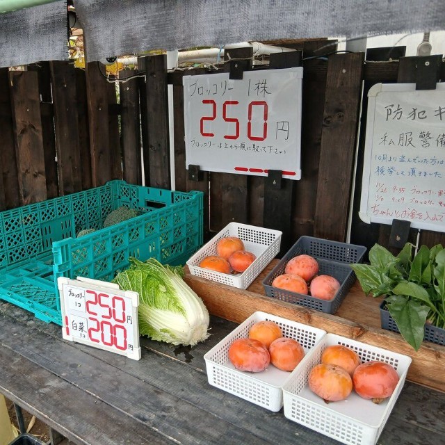 収穫した野菜や果物は無人販売している／旅人さん（@tanemaki_ojisan）提供