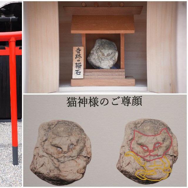 ミュージアム中庭の社に祀られている「奇跡の猫石」。天然の石ながら、結跏趺坐（けっかふざ、両足を組む座り方）で招く猫の姿が！