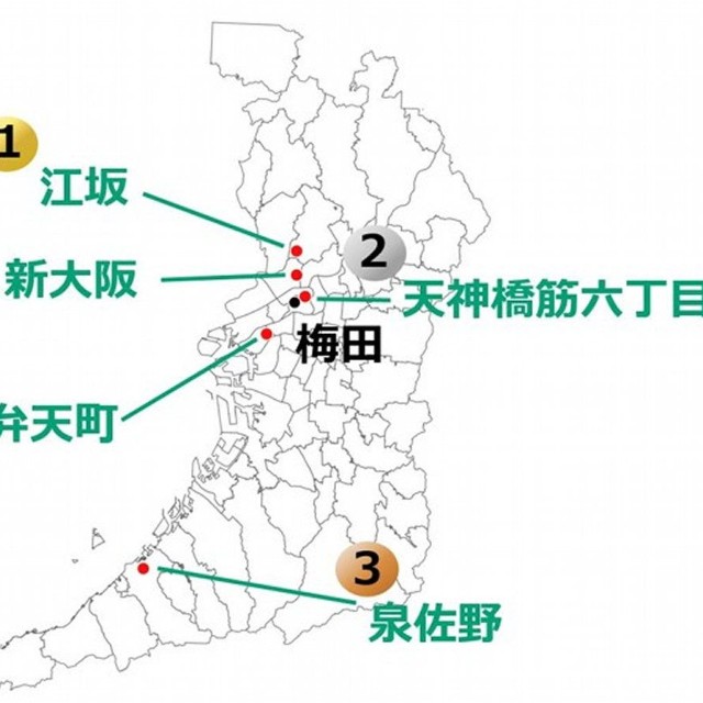 2025年、大阪府で「いちばん契約された街」（国土地理院「基盤地図情報データ」を基に株式会社エイブル総合研究所で加工して作成）
