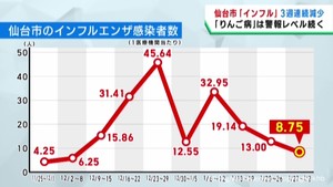 仙台市のインフルエンザ感染者数　警報継続基準は下回る　りんご病は警報レベルが続く