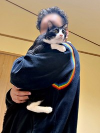 パパ大好き！ 抱っこでくつろぐ小梅くん（画像提供：キャロラインさん）