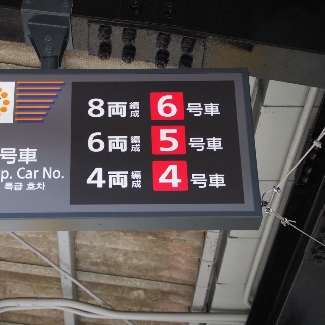 駅ホームに特急の号車案内の看板があった