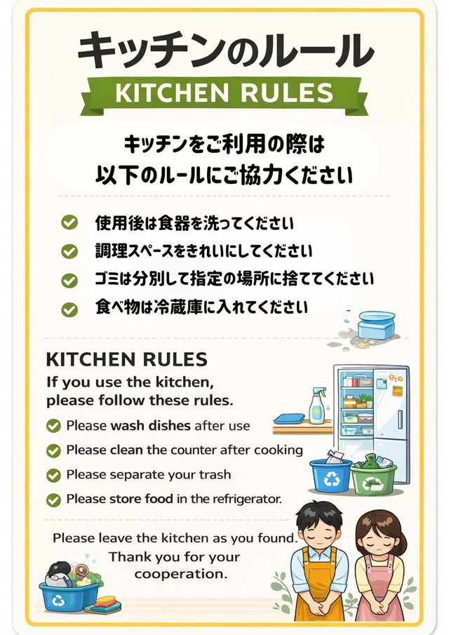 使用済みの食器や調理器具がシンクに放置されるという出来事の後で、新しくなったルールの掲示（ハリーさん提供）